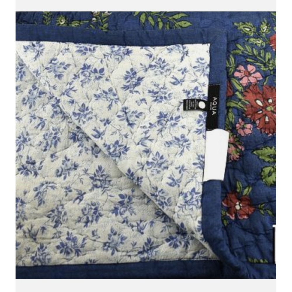 Aqua QUEEN Quilt & Shams Set Reversible Blue Toile Printed Floral Cotton Navy